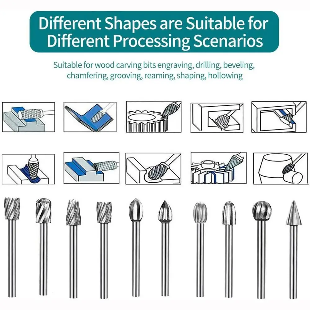 Durable Wood Drill Bit High Speed Steel Engraving File Drill Bits Kits Rotary Burrs Tool Wood Carving Tools Milling Cutter Set