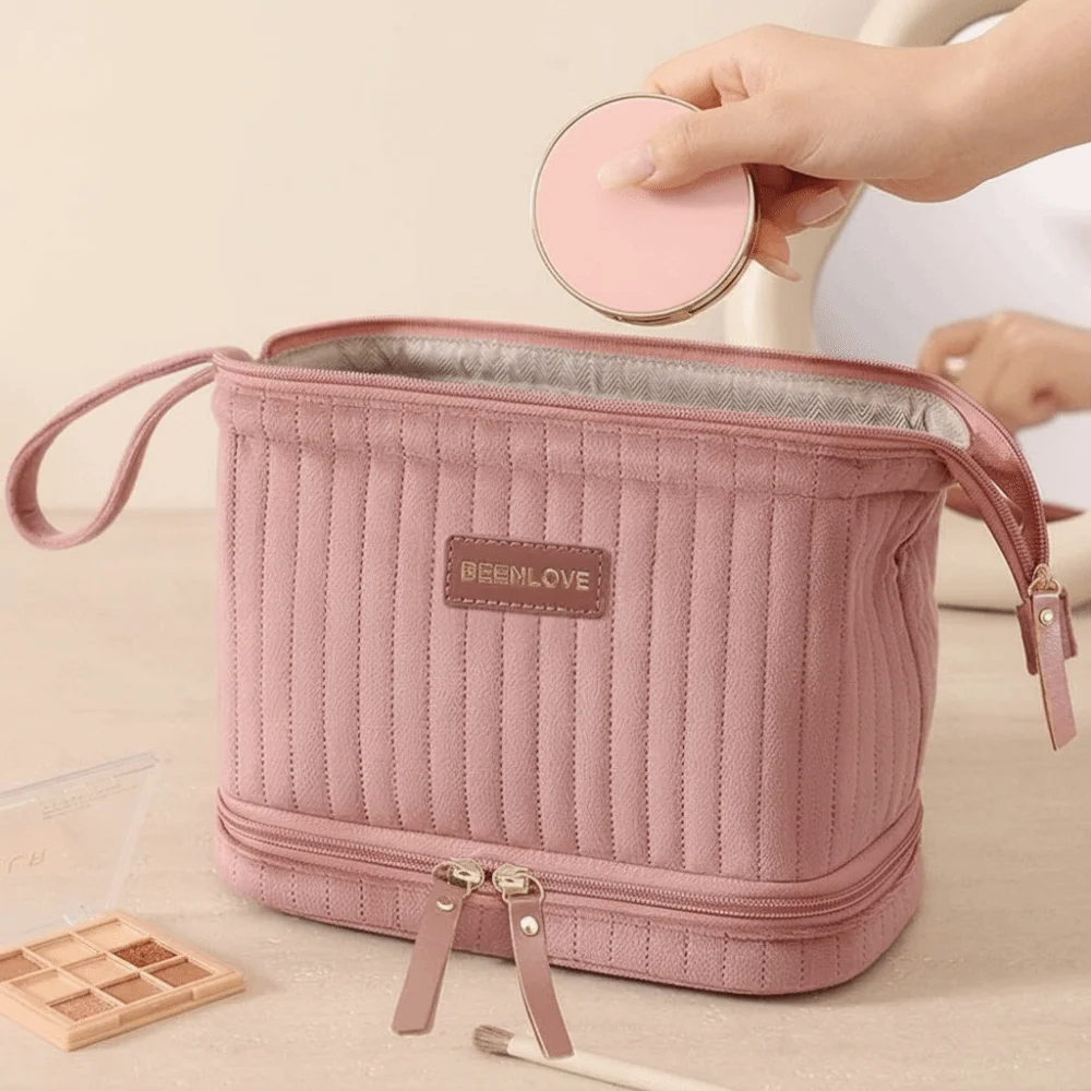 Double-Layer Cosmetic Bag Portable Velvet Material Makeup Organizer Lightweight Large Capacity Travel Cosmetic Case For Travel