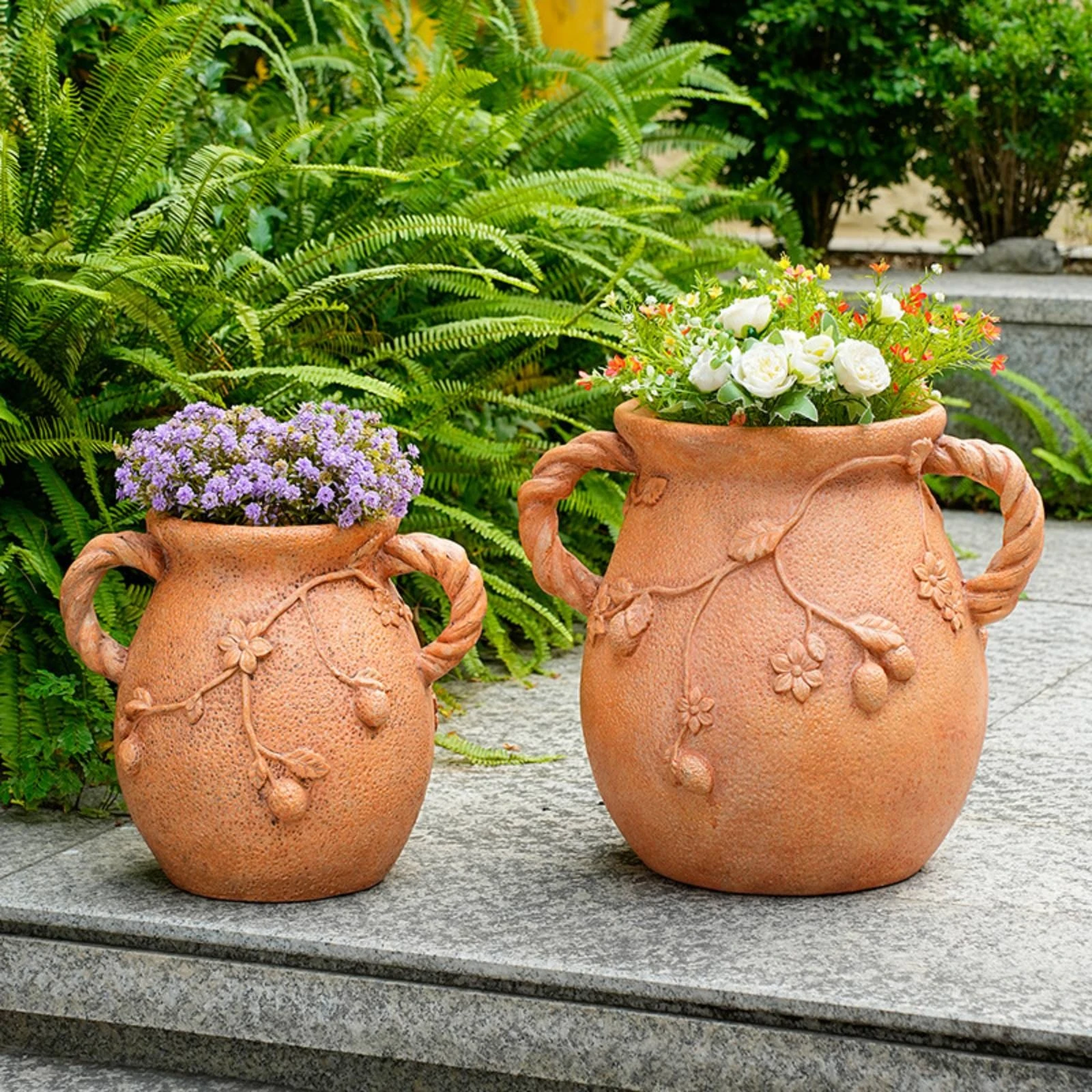 Urn Planter with Handles Decorative Urn Planter with Embossed Pattern Flower Pot Sculpted Weather-Resistant for Gardeners