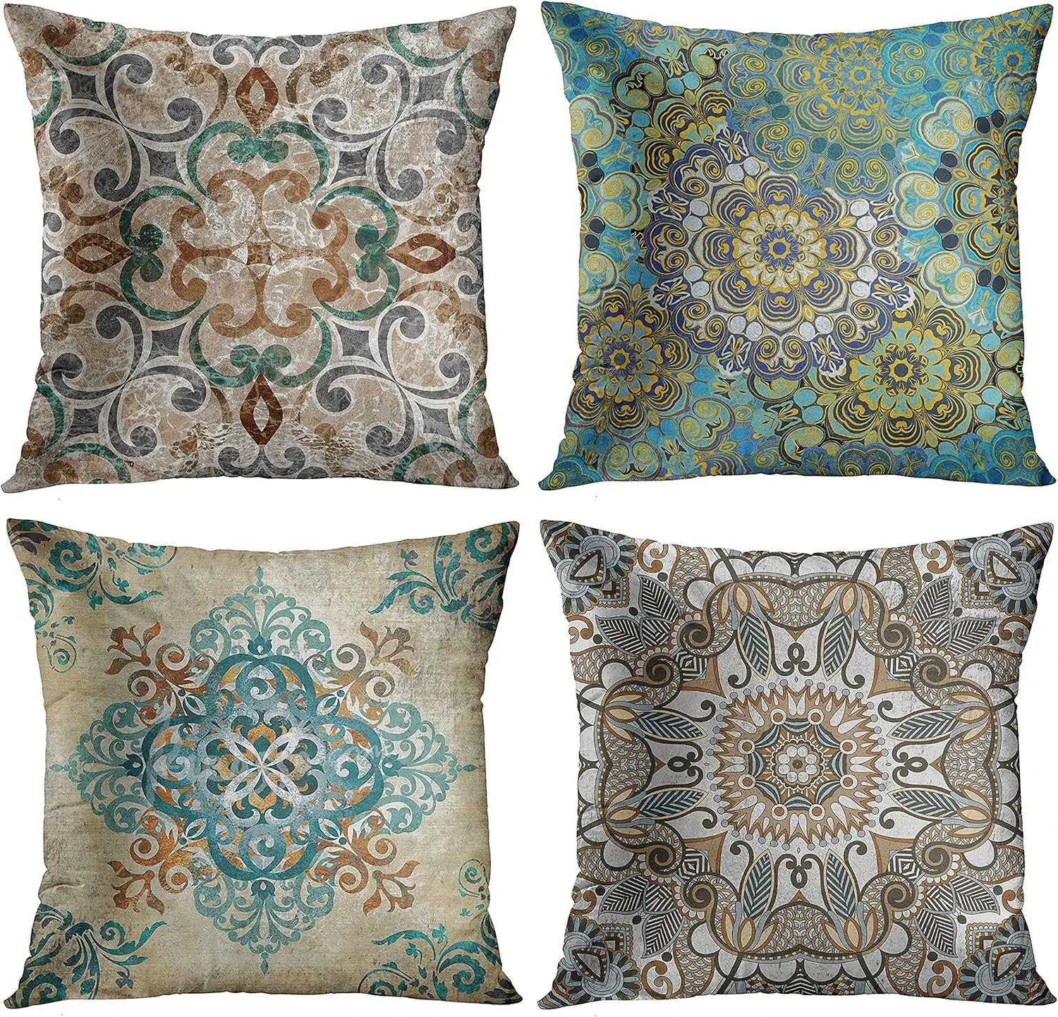 

Vintage Abstract Boho Brown Green Teal and Grey Plant Leaf Floral Decorative Pillow Cases Home Decor Square Cushion Covers