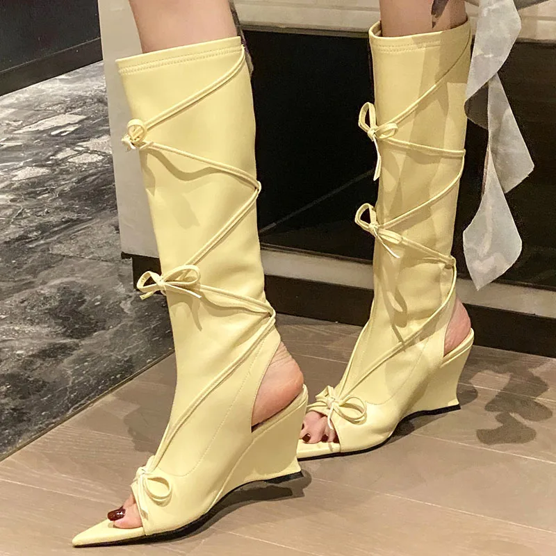 Female Footwear Pointed Toe Women Knee High Modern Boots Fashion Butterfly-Knot Ladies Western Long Boots With Wedges Shoes