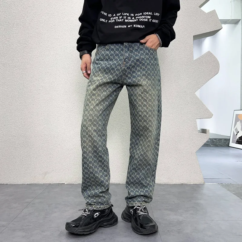 

Vintage Jeans for Men 2024 New Fall Men's Clothing Fashion Full Print Design Straight Loose Wide Leg Denim Trousers