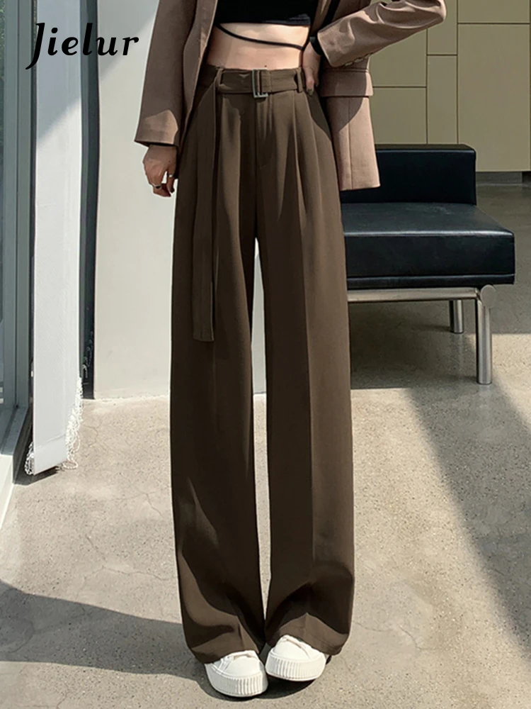 Jielur Black Straight Casual Belt Female Suit Pants Loose Fashion Autumn Solid Color Wide Leg Pants Basic Office Lady Grey Khaki