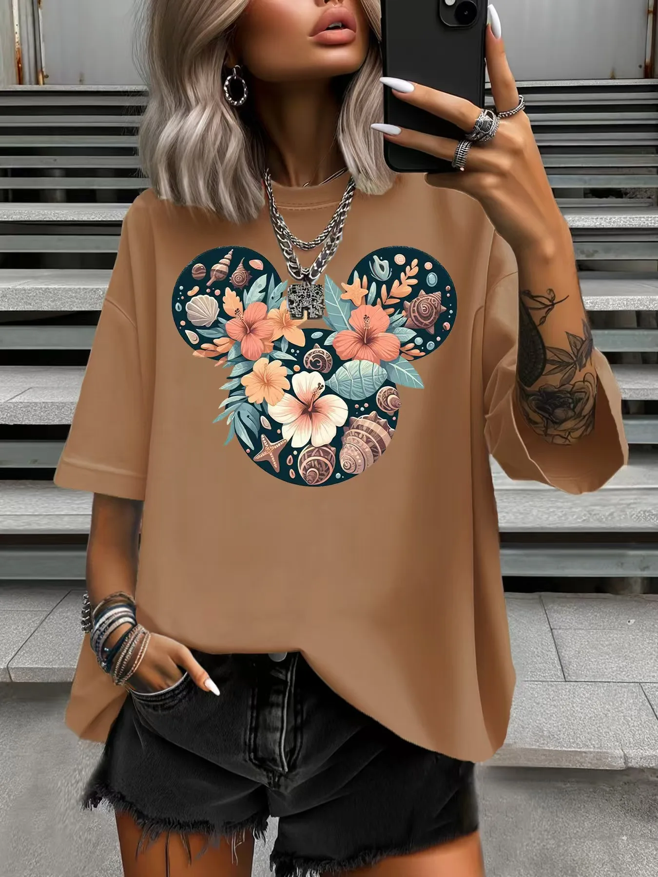 

Summer Women's Plus Size T-Shirt Original Design Fashion Flower Funny Pattern Print Women's Casual Crew Neck Short Sleeved Tops
