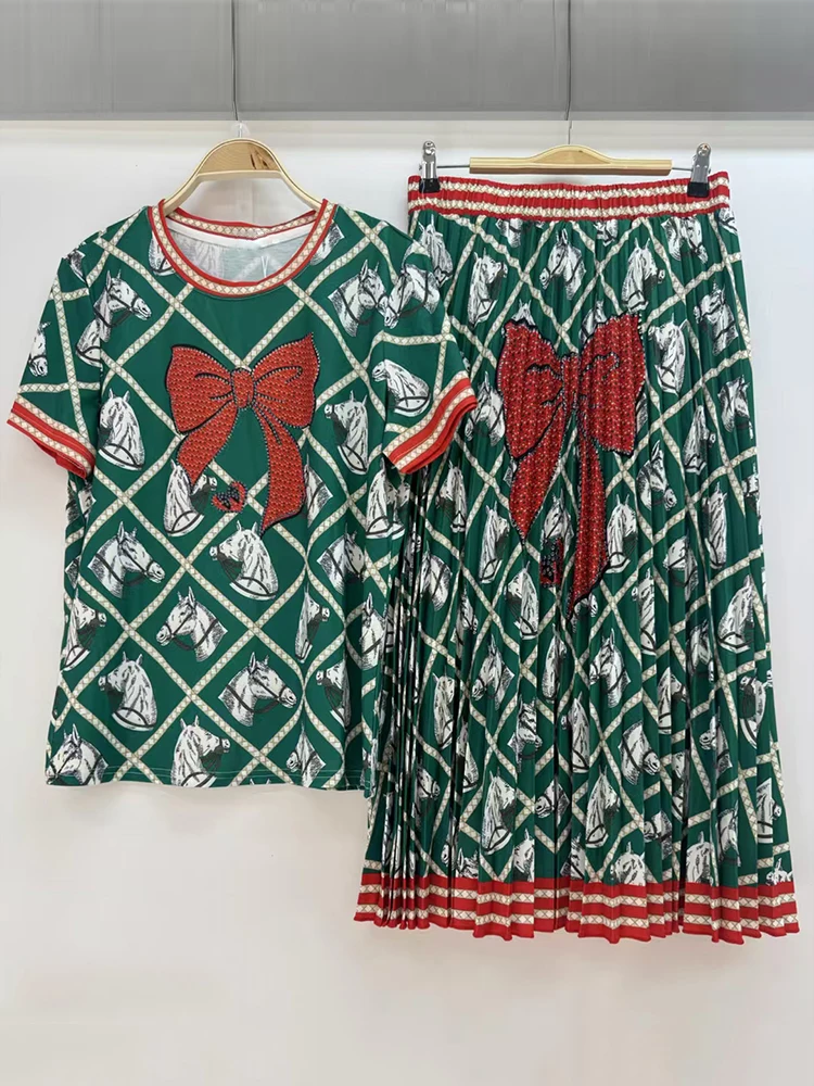 

Retro geometric printed knitted pullover t two-piece set for 2025 summer women's clothing+loose pleated skirt fashion set