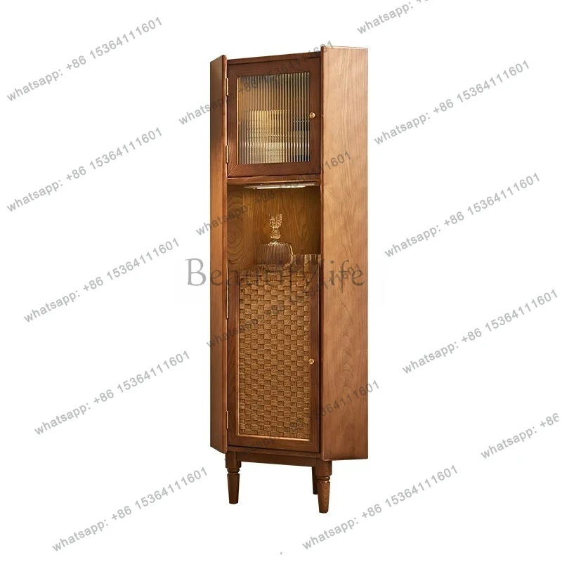 medieval solid wood rattan corner cabinet retro restaurant triangular rattan storage wine cabinet
