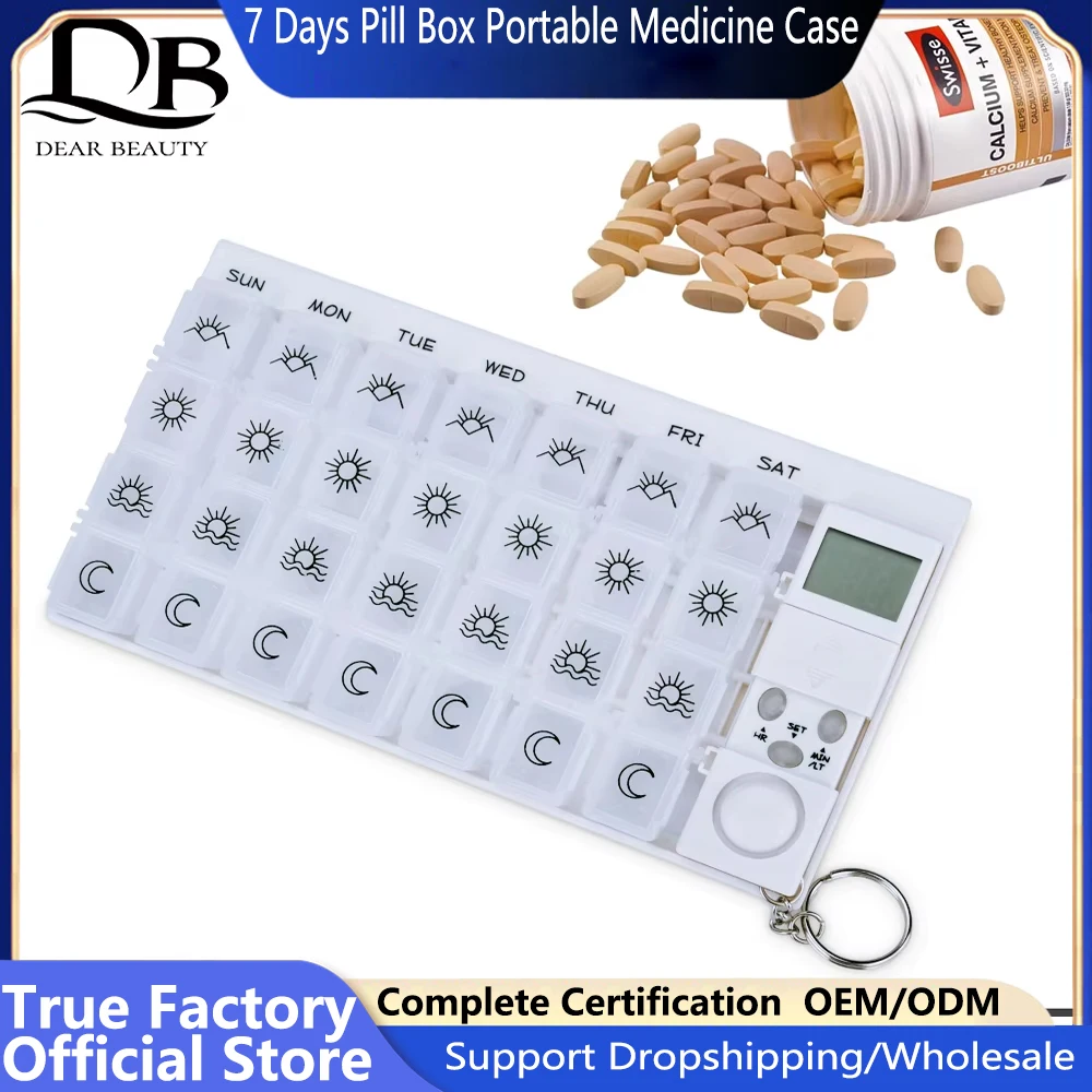 7 Tage Pillendose, tragbarer Medikamentenkoffer, Organizer, LED-Timer, Erinnerung, 28 Fächer, wöchentliche Tabletten, Aufbewahrung, Pillenspender, Wecker