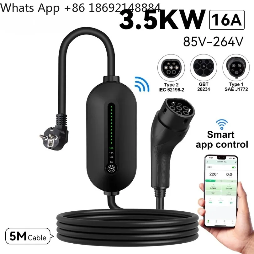 Type2 EV Charger WIFI APP Control 16A 3.5KW GBT 5M Cable Type1 Portable Charging Box Set Charging&DelayTime for EV Cars