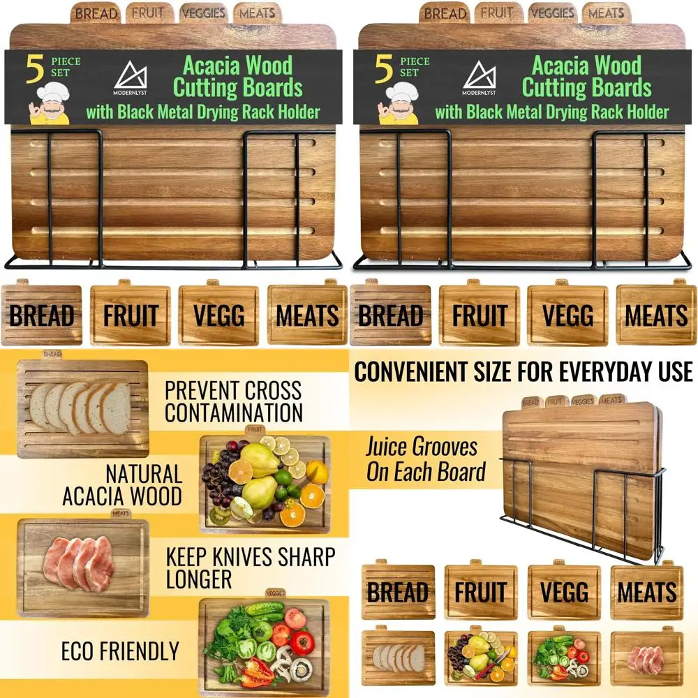 

13x11 Acacia Wood Cutting Board Set with Gold Stand | 4-Piece Non-Toxic Kitchen Chopping Boards