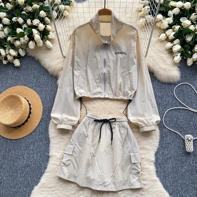 Summer Women's Set Stand up Collar Drawstring Waist Sunscreen Jacket and High Waist Skirt Two Piece Set Casual Jogging Set