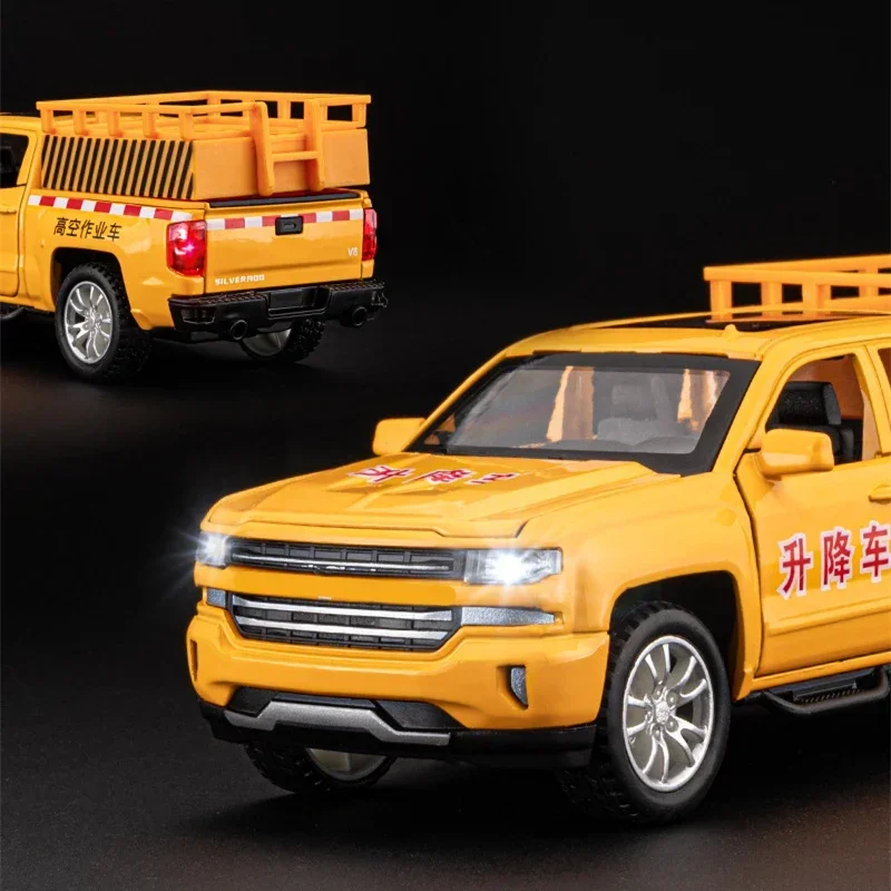 1/32 Alloy High Altitude Operation Lifting Vehicles Car Pickup Model Diecast Road Rescue Vehicles Trailer Truck Model Kids Toys