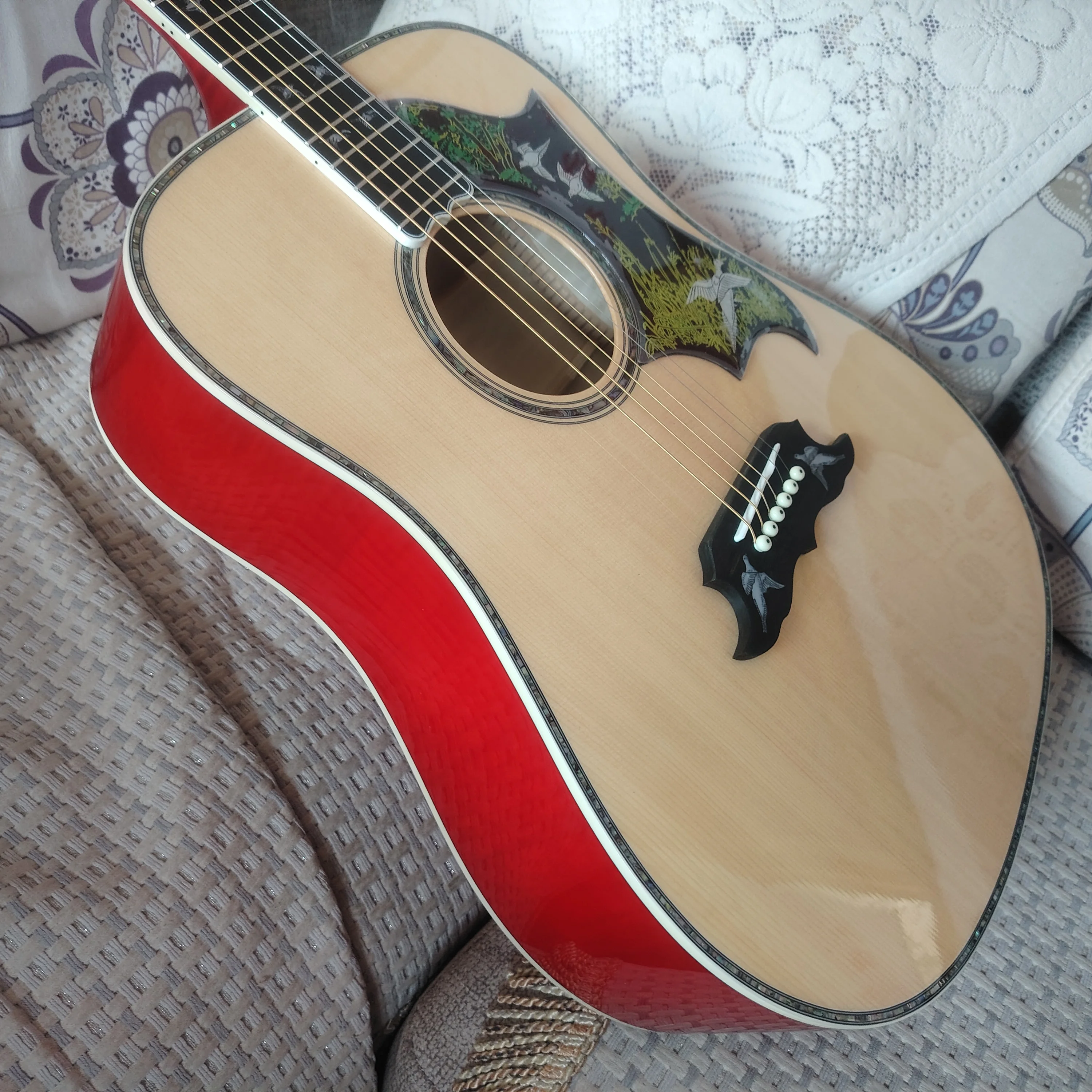 High Quality Pigeon Flock Inlaid Acoustic Folk Guitar In Stock, Flame Maple Top, Fast Delivery From Local Warehouse In The United States view 2