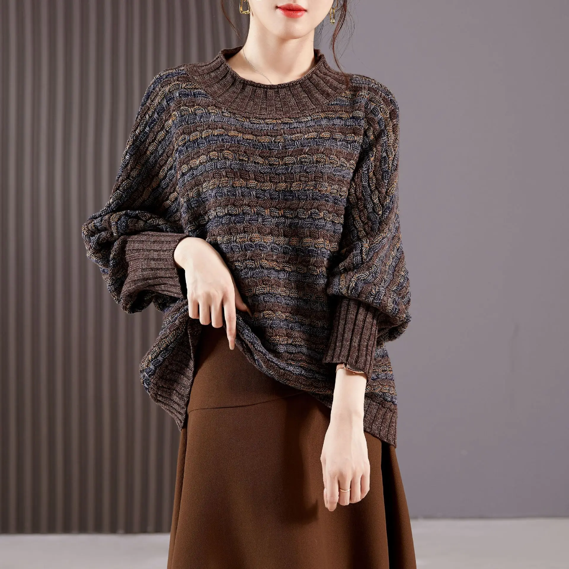 2024 Autumn and Winter New Casual Temperament Brown Pure Cotton Knitted Pullover Sweater Loose Long-sleeved Bat Top for Women