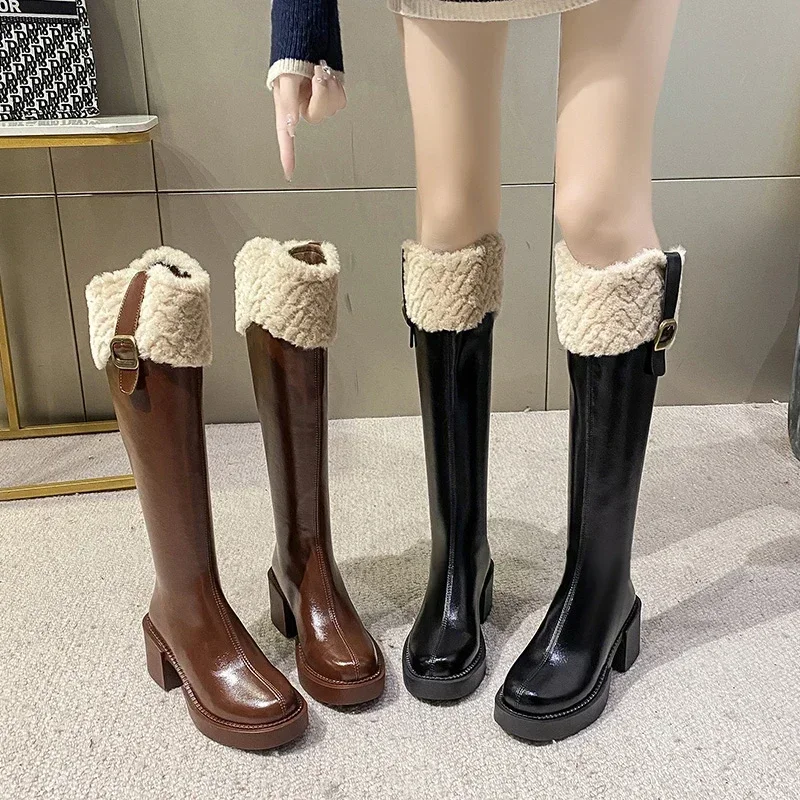 

Women's Knee High Black Brown Long Boots Comfort Square Heel Zip Belt Buckle Platform Women Boots Plush Edge Warm Gothic Shoes