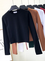 Sexy Black  Women's Clothing O-Neck Long Sleeve Navel Autumn Base Women's Clothing Fashion Casual Ropa Mujer