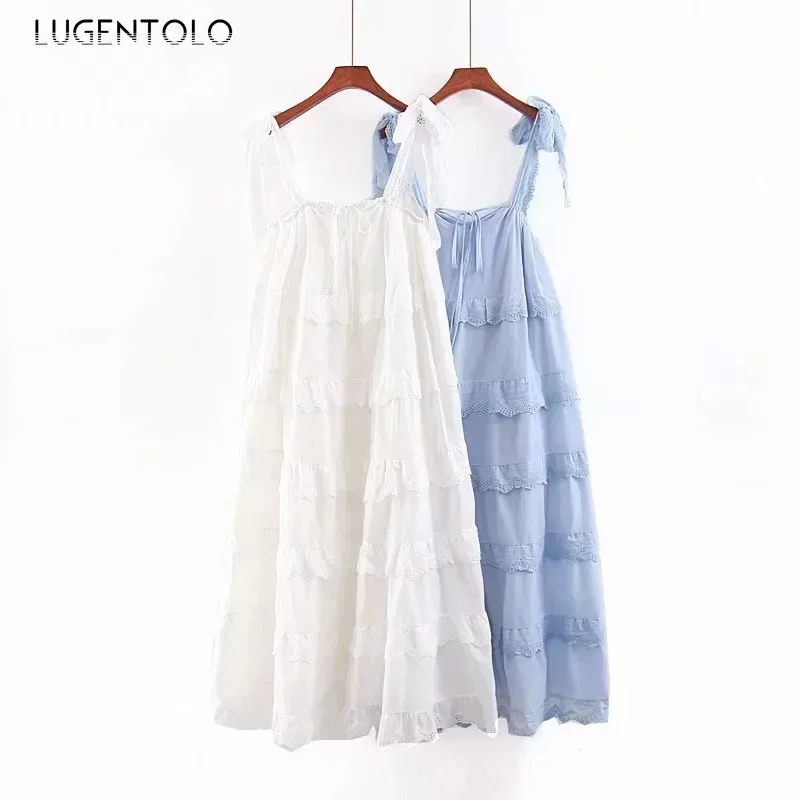 Women Dress Bohemian Big Swing Cake Layer Solid Sleeveless Ruffles Spaghetti Strap Strapless Women's Dresses