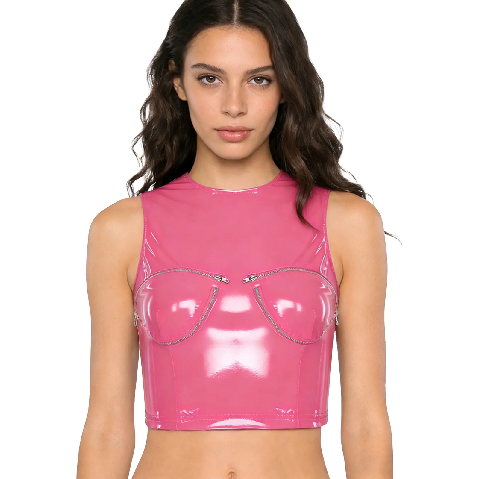 

Женский модный укороченный топ-жилет из глянцевой искусственной кожи с эффектом мокрой кожи, на молнии, без рукавов, для рейвов, ночных выходов и вечеринок