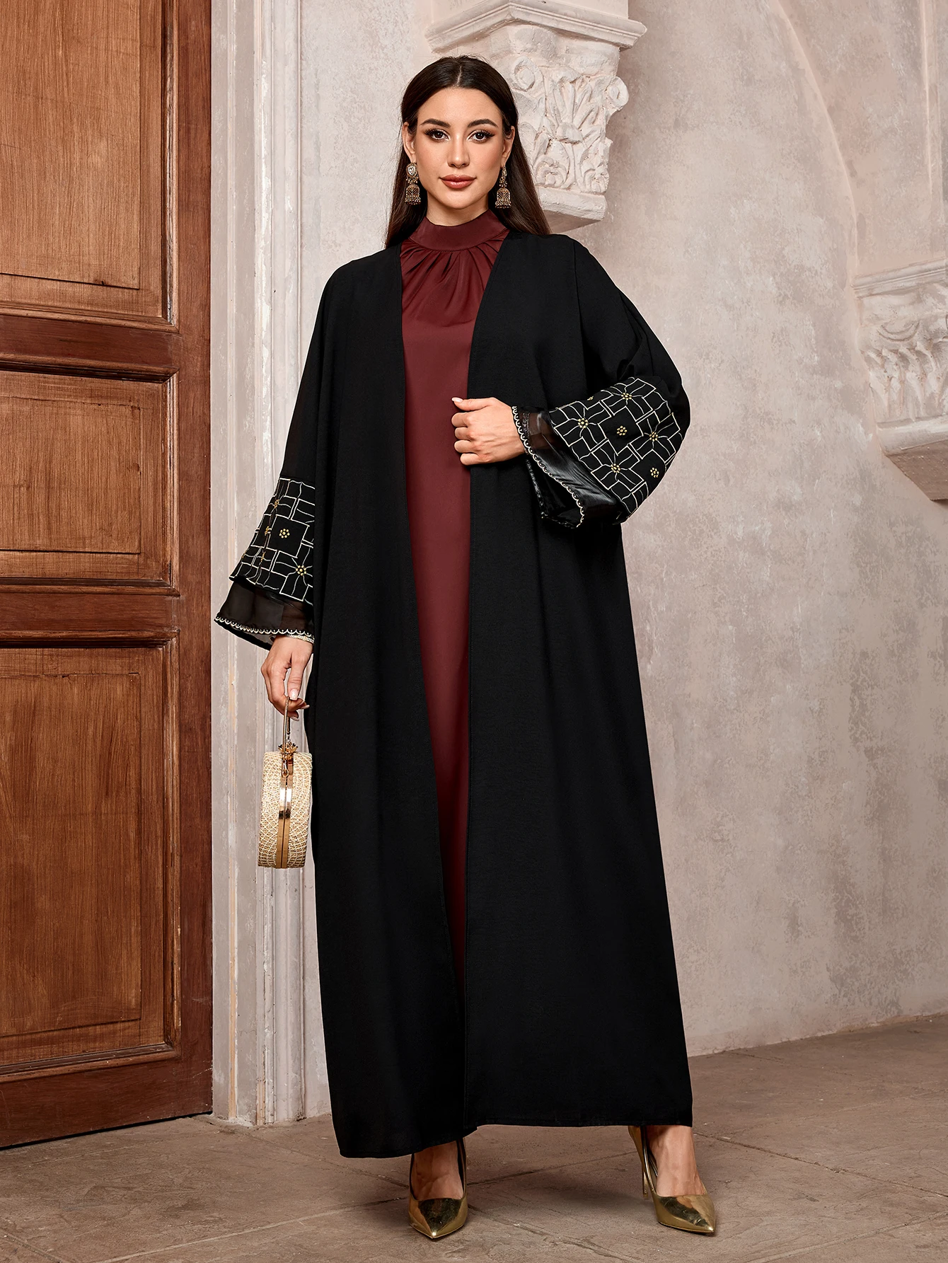 2025 New Muslim Ramadan Eid Bangladesh Solid Ethnic Embroidery Batwing Sleeve Open Kimono Abaya Kuwaiti Moroccan Women Robe