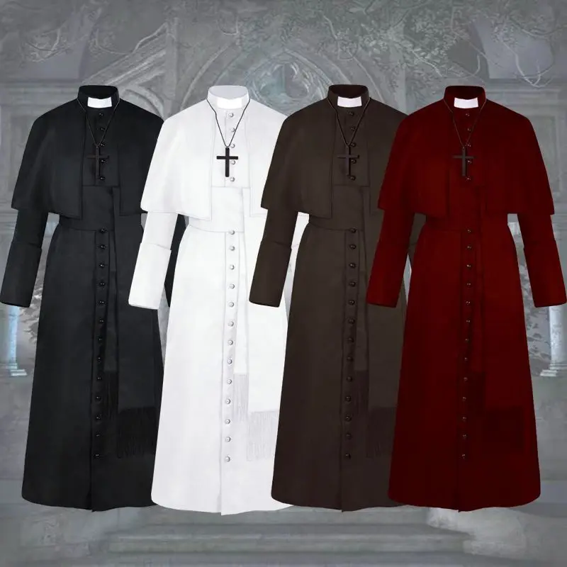 

New Medieval Vintage Priest Uniform Robe Halloween Men Pope Pastor Cloak Cape Cosplay Costume Renaissance Monk Robe Clergy Sets