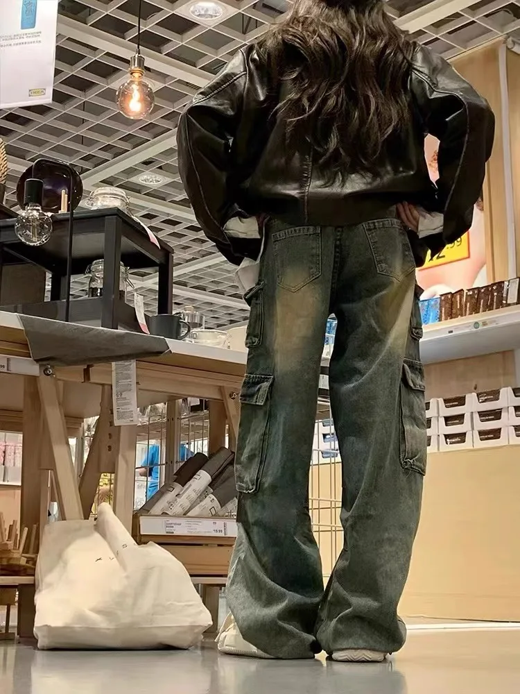 Pantaloni lunghi in denim da lavoro retrò americano Waed Primavera Autunno Trendy Brand Multi ket Pantaloni larghi a gamba dritta a gamba larga