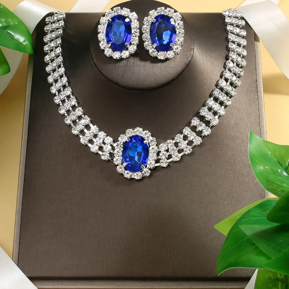

2pcs/set Jewelry Sets Women Blue Elegant Oval Ellipse Rhinestone Pendant Necklace Etud Earrings Wedding Dress Bridal Jewelry Set