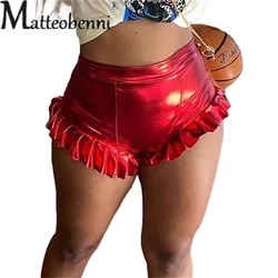 Sexy Pleated Ruffle Glossy Super Shorts Female Summer Nightclub Barwear Fashion Slim Fit Tight Stretch Women's Pants Streetwear