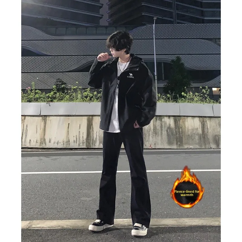 

Bla Fce Lined Men's Jeans Autumn Winter Straight Leg Slimming Long Length Youth Faion Wear Resistant mid Waist Long Tr...