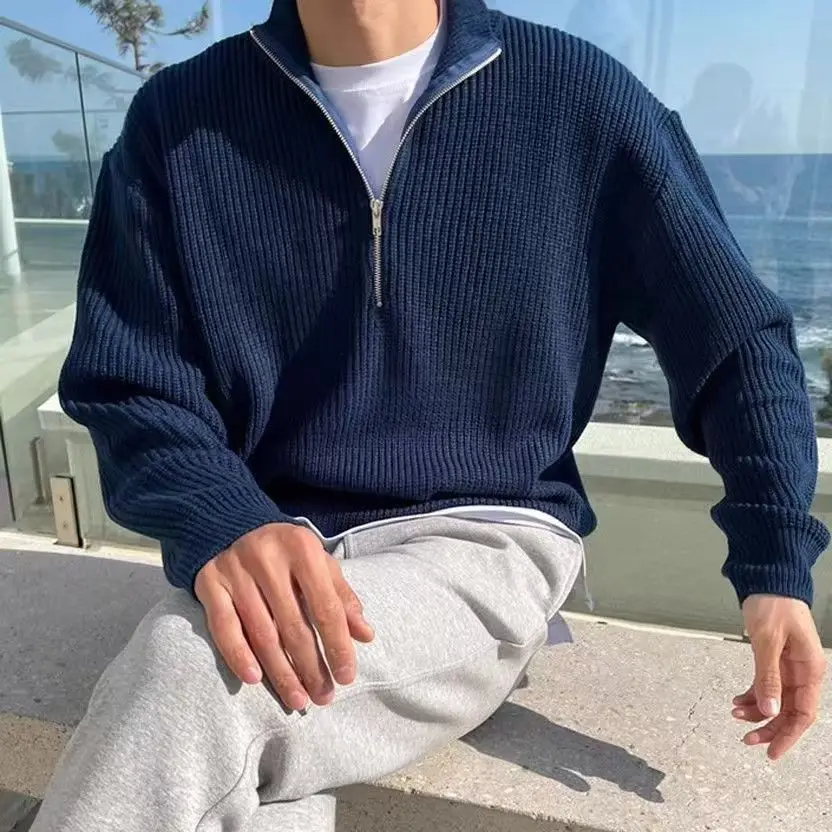 

American Retro Half Zipper Knitted Pullover Men Long Sleeved Stand Collar Loose Knit Weatshirt Autumn Fashion Simple Sweater