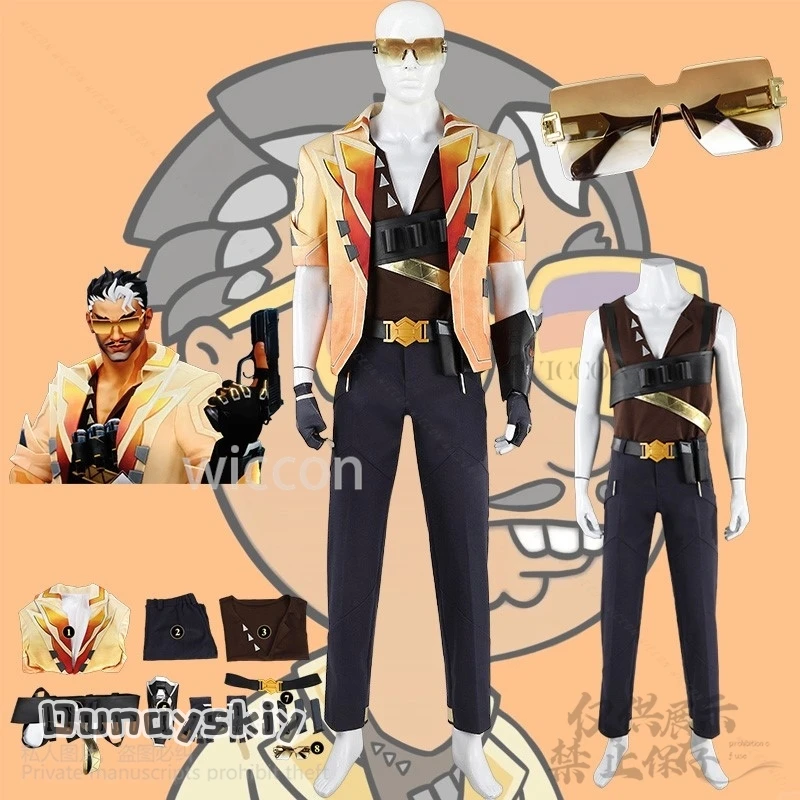 Tejo Cosplay Anime Game VALORANT Costume Sexy Orange Deep V Shirt Pants Summer Sunglasses Cool Daddy Tejo Suit Cos Girl uniformd