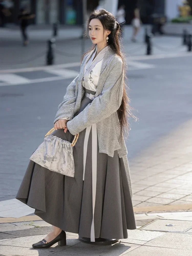 Autumn Winter Flying Sleeves Coat for Women Daily Wear with Sweater and Torn Skirt Chinese Style Original Design Modern Hanfu