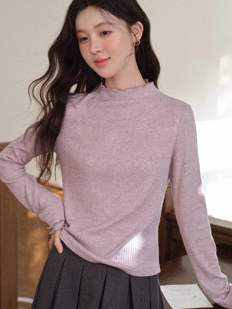 ALXNAN 여성용 니트웨어 가을 터틀넥 러플 트림 커프스 솔리드 긴 소매 티셔츠 슬림 레이어링 여성 의류 L58150