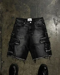 Y2K nueva tendencia Harajuku gótico hip-hop retro rebaba bordado cruzado negro holgado pantalones cortos de mezclilla de cintura alta pantalones vaqueros para hombres y mujeres