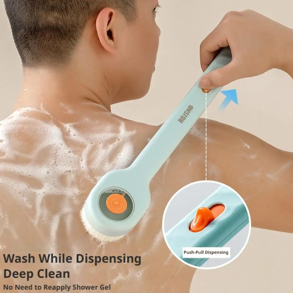 Soft Bristles Bath Brush Liquid Dispensing Long Handle Back Scrubber Push-Pull Body Wash Shower Brush
