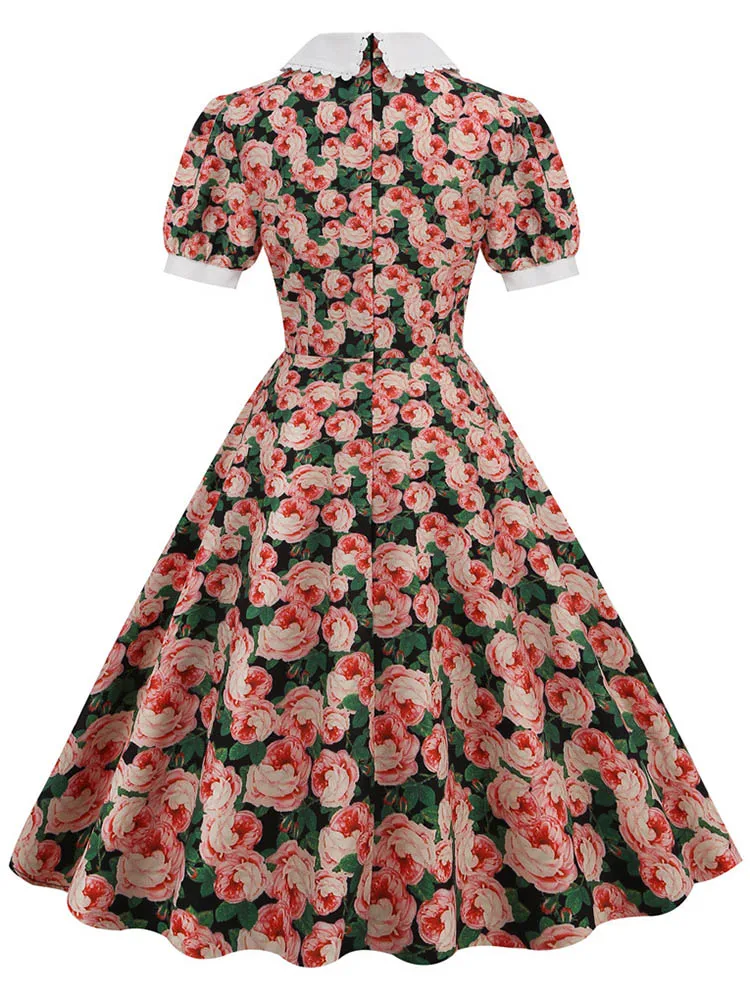 S~3XL  Women Midi Dress Floral Print Peter pan Collar Elegant Party Dress Puff Sleeve Vintage Sundress