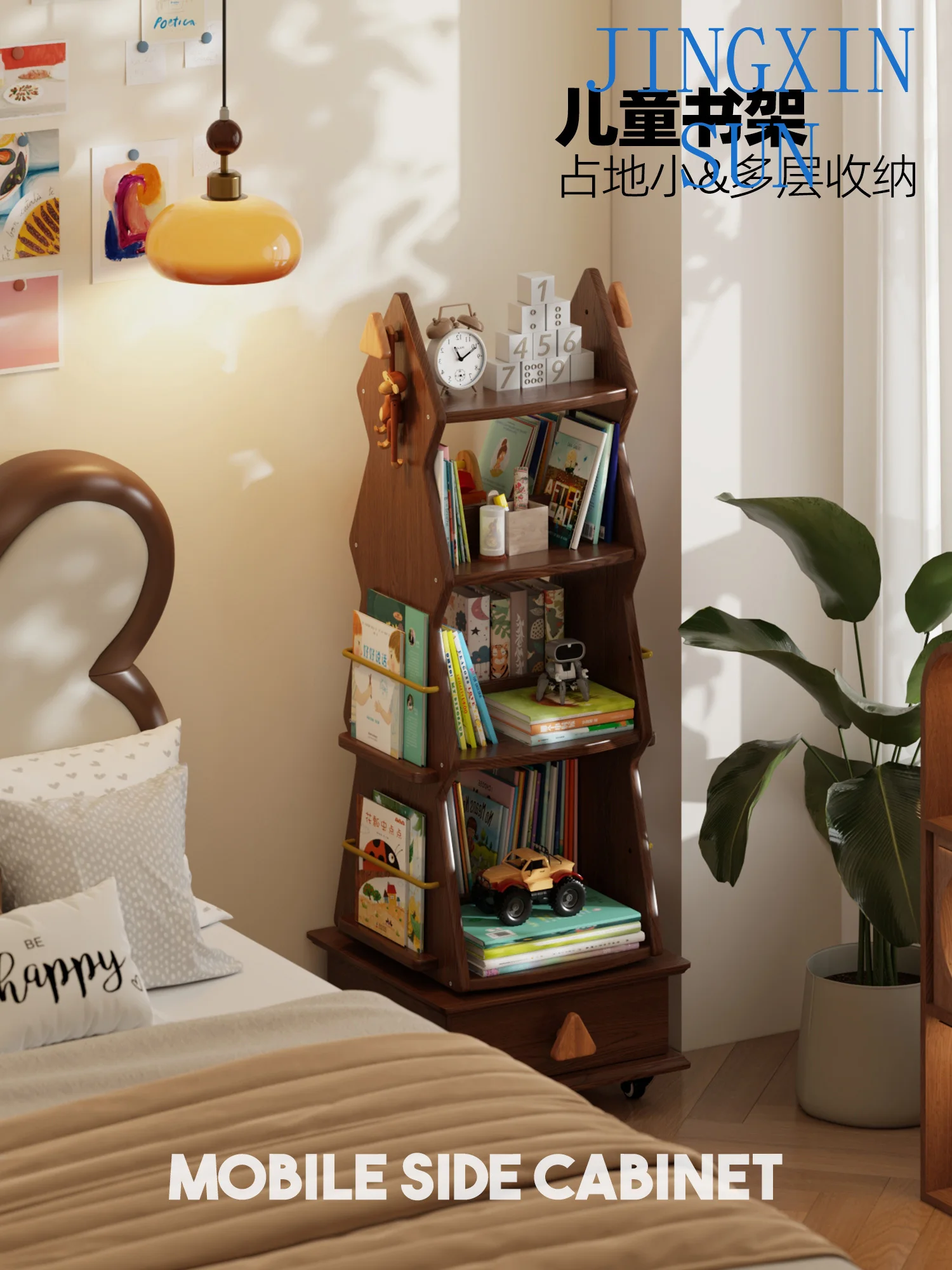 Bedside bookshelf reading bookcase solid wood  bedroom mobile storage book storage shelf floor does not