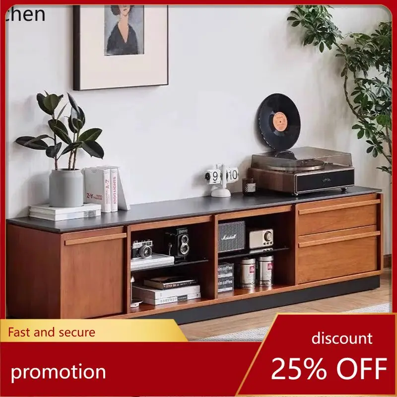 

ZML Solid Wood TV Cabinet with Rock Slab for Small Living Rooms, Freestanding Vintage TV Stand for Home Use
