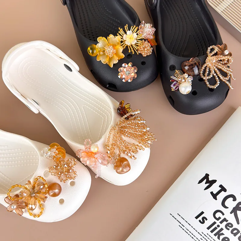 Shoe Charms for Clogs Milk Tea Brown Handmade Glass Beaded Heart Flower Tassel Detachable Crystal Buckle Lightweight Versatile