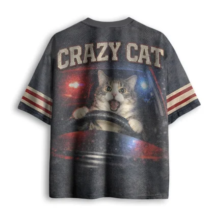 Crazy Cat Driving Car Police Light Print Men V Neck Mesh Jersey Funny Animal Short Sleeve Tee