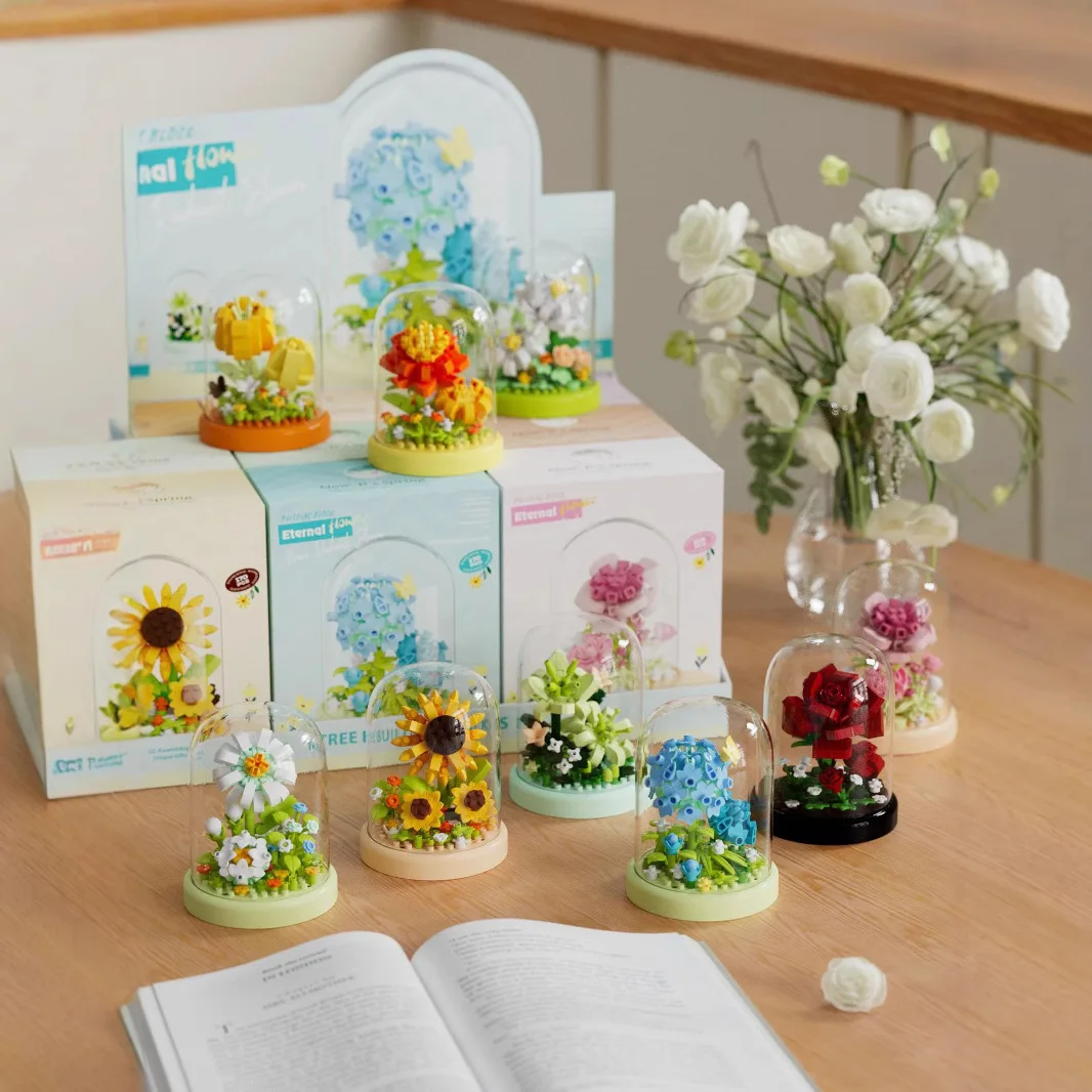 

Idea Micro Diamond Block Flower Bricks Tulip Sunflower Hydrangea Rose Lily Daisy Nanobrick Toys Exhibition Booth For Girls Gifts