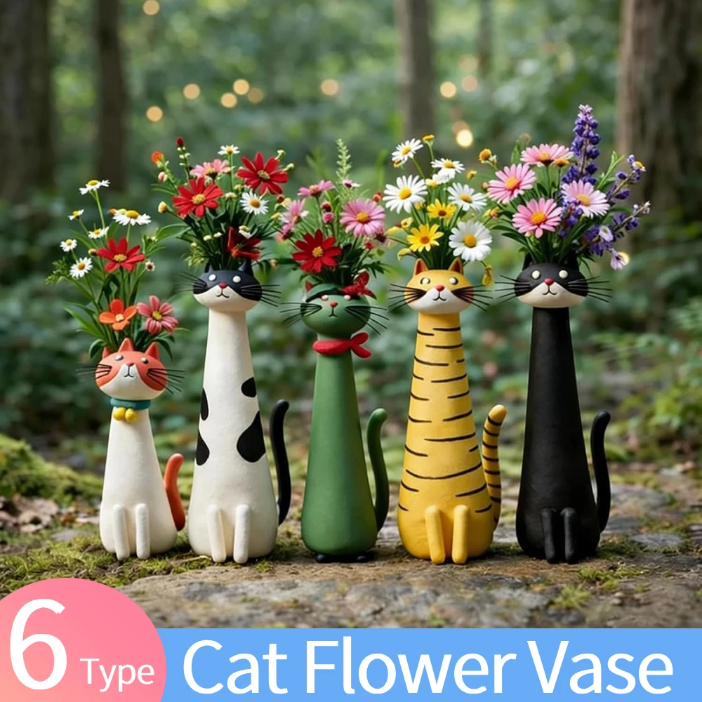 Nordic Style Handmade Quirky Cat Shaped Vase Resin Cute Cat Flower Pot Unique Home Decor Vase For Living Room Office Garden Gift