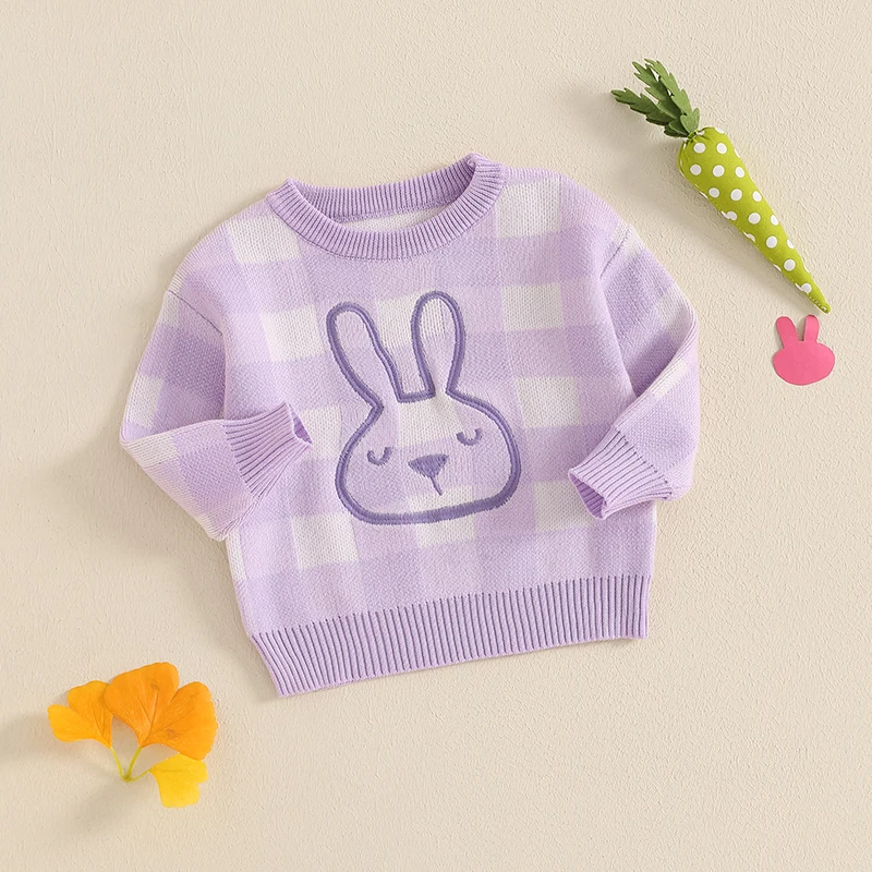 Peuter Baby Meisjes Jongens Bunny Borduursweaters Geruit Pasen Geribbelde gebreide trui met lange mouwen en ronde hals