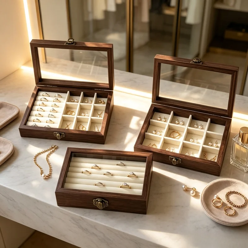 Walnut Pattern Velvet Hard Jewelry Storage Box, Korean Style Small Ring Necklace Earring Organizer For Bedroom Home Use