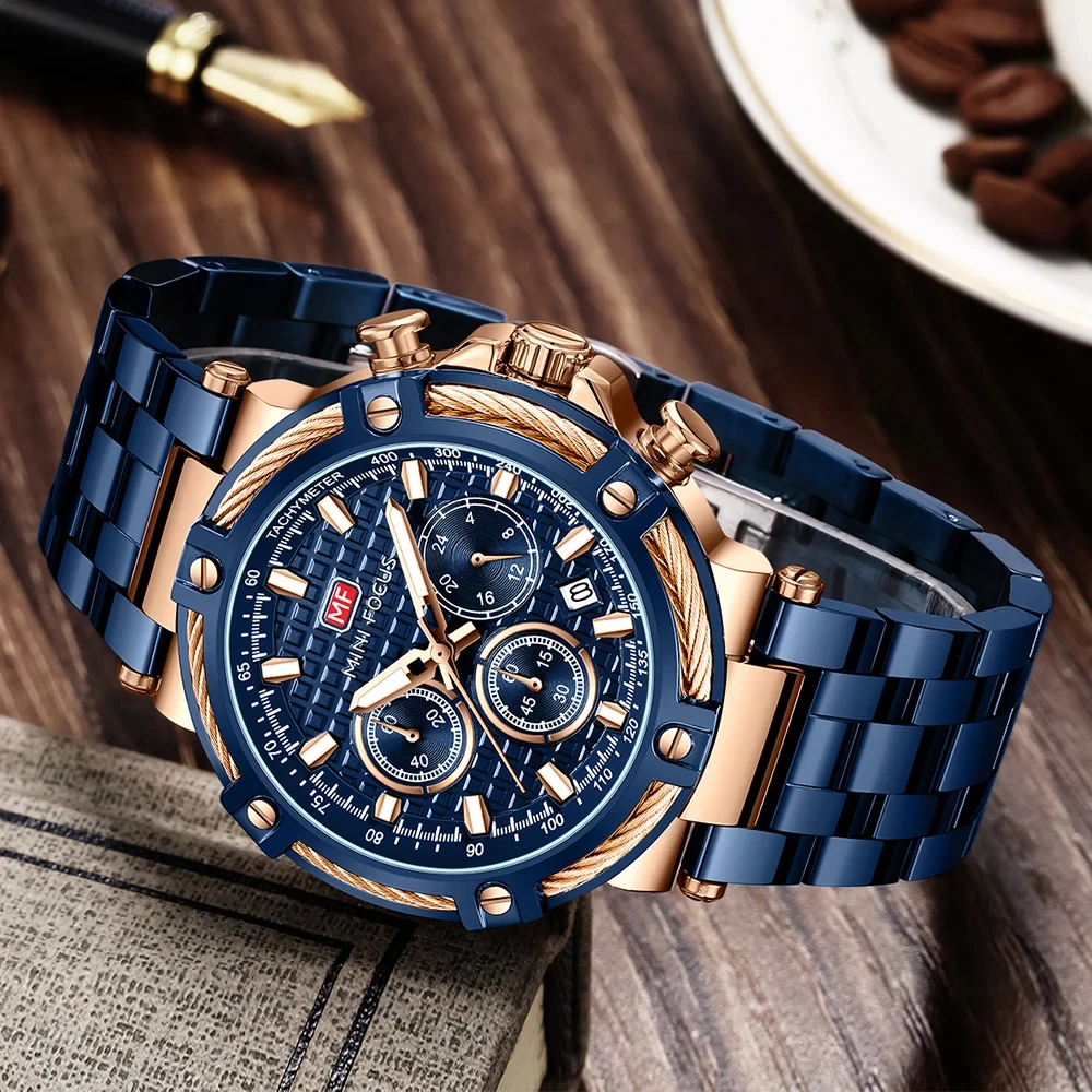 MINI FOCUS Multifunction Sports Quartz Watch for Men Luminous Hands Luxury Stainless Steel Band Business Waterproof Watches 0470