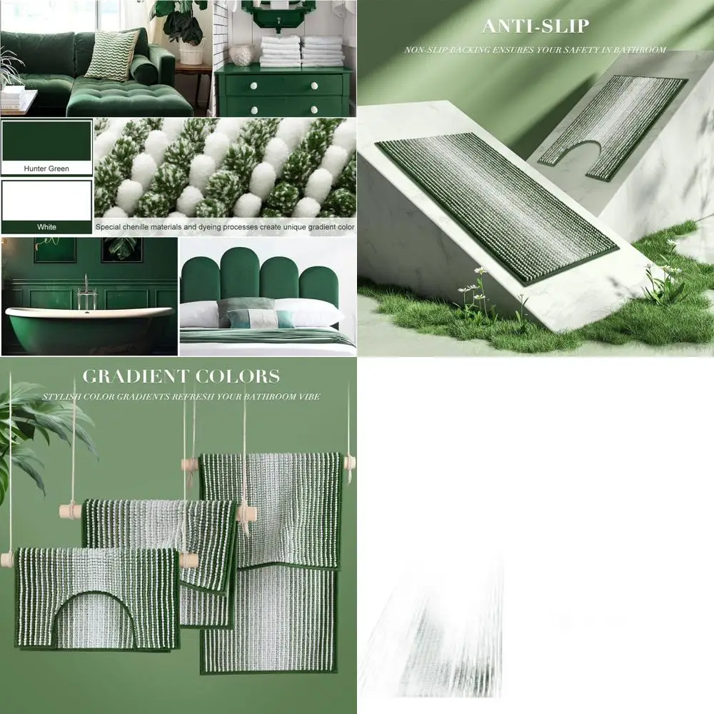 

3-Piece Hunter Green Bath Rug Set: U-Shaped Toilet Mat & Striped Non-Slip Shower Mat