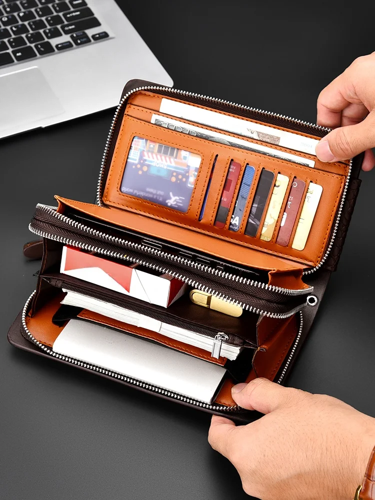 

Men's Leather Clutch Wallet Large Double Zipper Long Mobile Phone Bag Faionable Handheld Bag Casual Scenarios Korean Sle