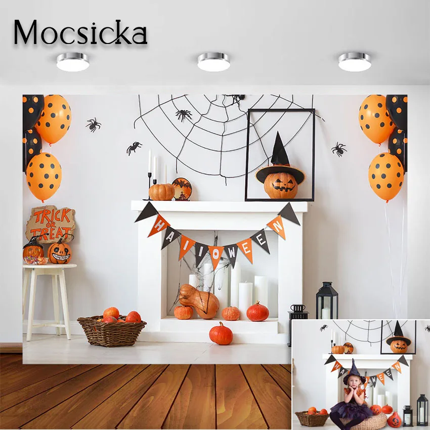 

Mocsicka Halloween Photography Backdrop Bat Pumpkin Fireplace Background Children Portrait Photoshoot Backdrops Photo Studio