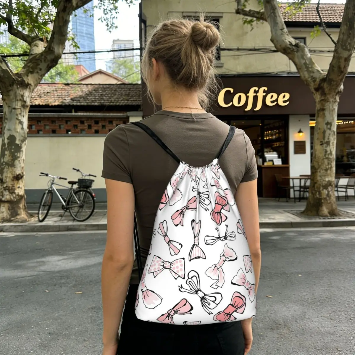 Various Pink Colorful Bow Tie Pattern Backpacks Multi-function Drawstring Bags Shoes Bag Book Bags for Man Woman School