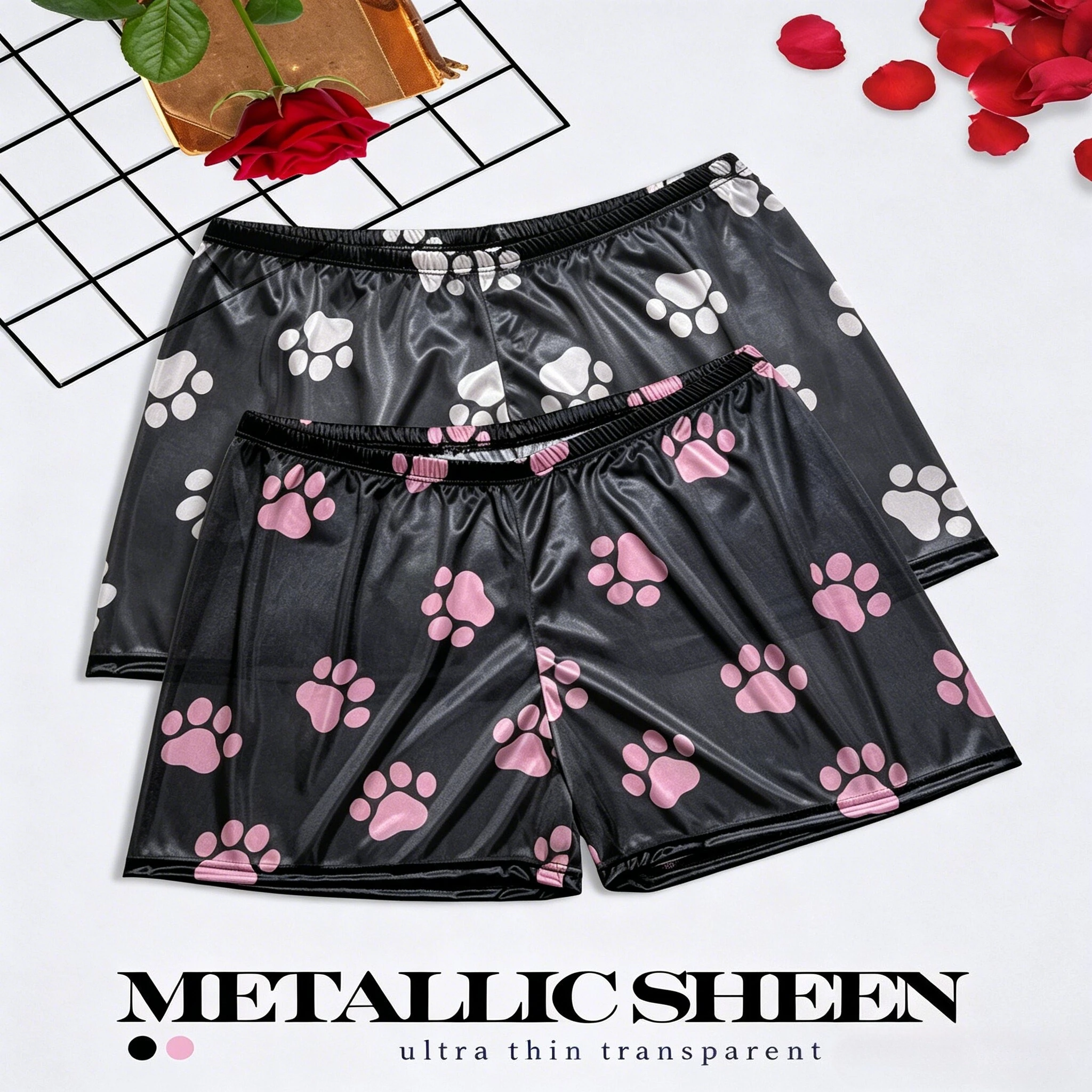 

1 Piece Men's Paw Print Glossy Satin Lounge Shorts, Lightweight Breathable Casual Night Sleep Shorts Soft Comfortable Underwear