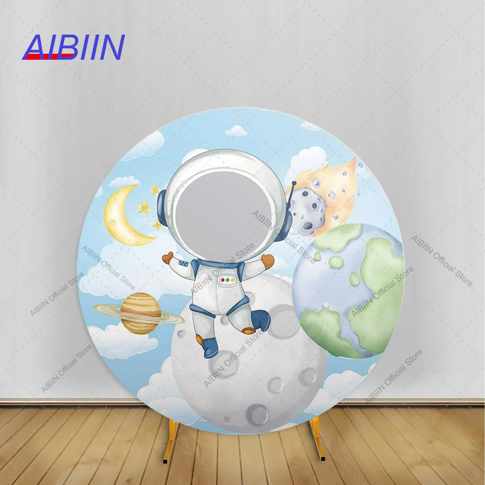 

Круглый фон с изображением космонавта на день рождения, планета космонавта, облака, космический корабль для мальчиков или девочек, торт, детский душ, вечерние Декор, фон