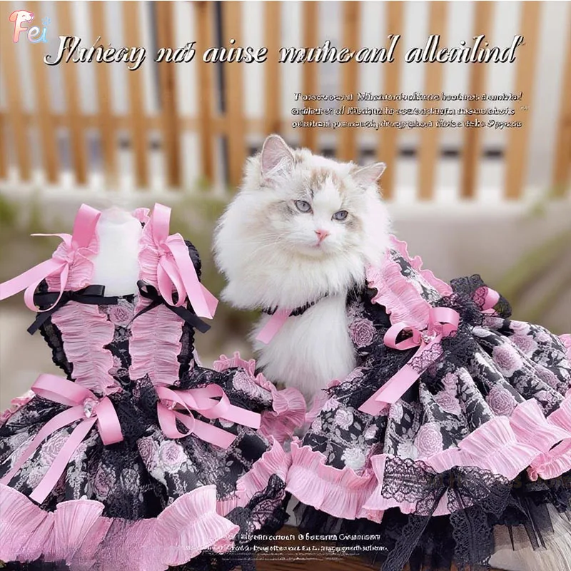 

Lovely Pet Dog Clothes Luxury Handmade Black Pink Flower Print Long Tail Princess Dresses For Small Medium Dog Chihuahua Puppy